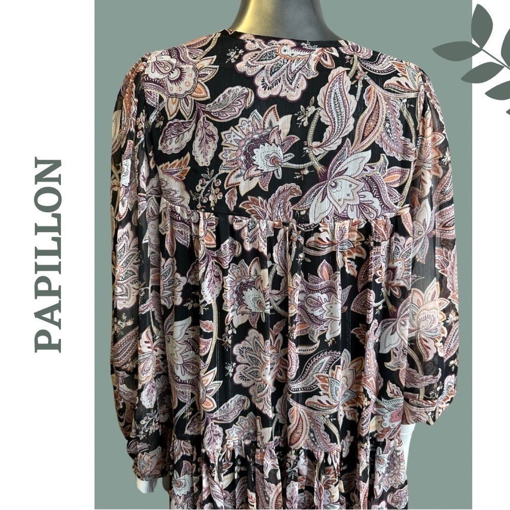 Papillon Paisley Lurex Georgette Tiered Dress Mini Long Sleeve Black Size Small - Picture 7 of 9